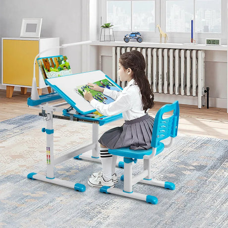 Height Adjustable Kids Study Table and Chair Set with Bookstand-Blue