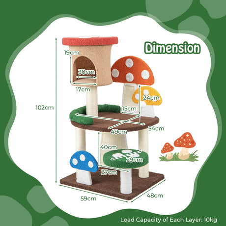 4-In-1 Mushroom Cat Tree with Condo Spring Ball and Sisal Posts-Multicolor