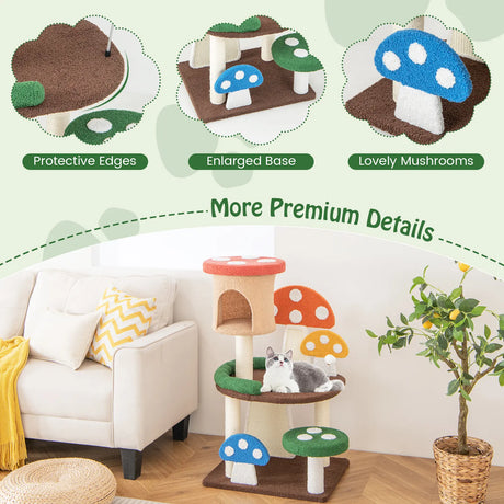 4-In-1 Mushroom Cat Tree with Condo Spring Ball and Sisal Posts-Multicolor
