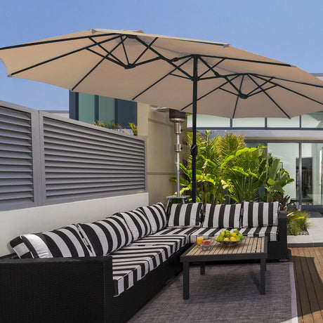 15 Foot Extra Large Patio Double Sided Umbrella with Crank and Base-Beige