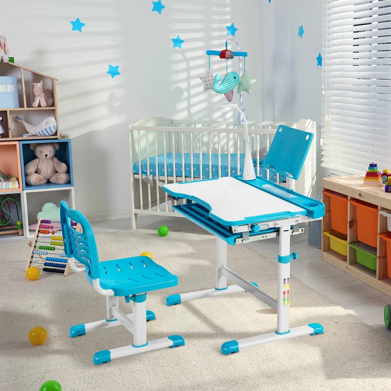 Height Adjustable Kids Study Table and Chair Set with Bookstand-Blue