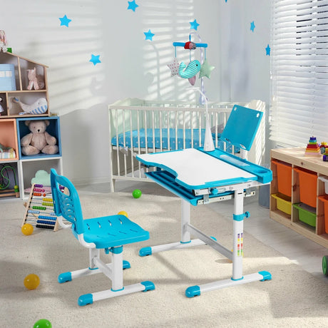 Height Adjustable Kids Study Table and Chair Set with Bookstand-Blue