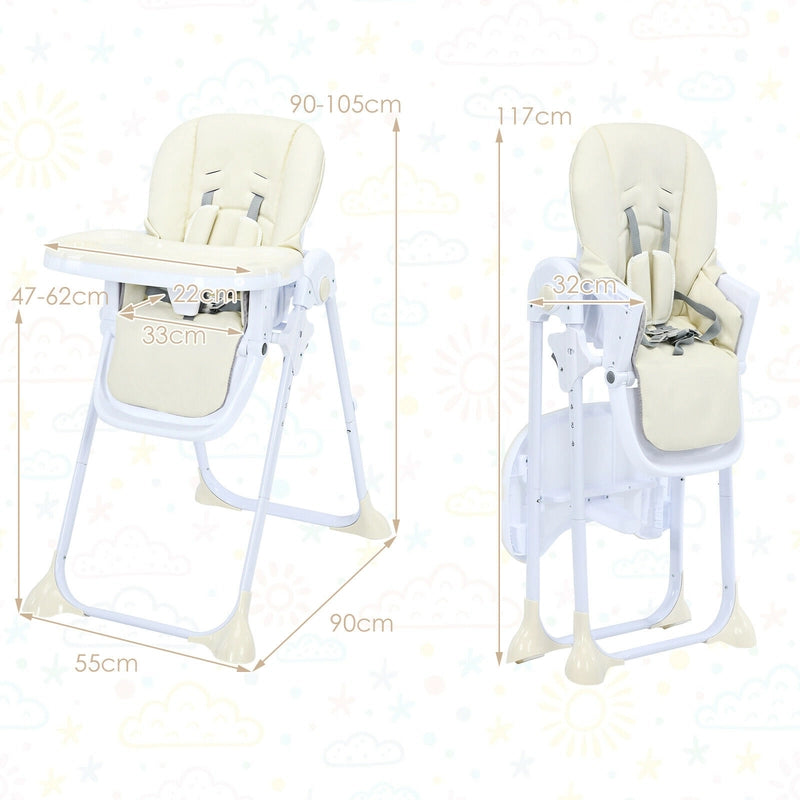 Baby Foldable Convertible High Chair with Adjustable Height Recline-Beige