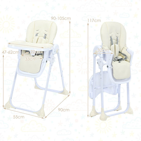 Baby Foldable Convertible High Chair with Adjustable Height Recline-Beige