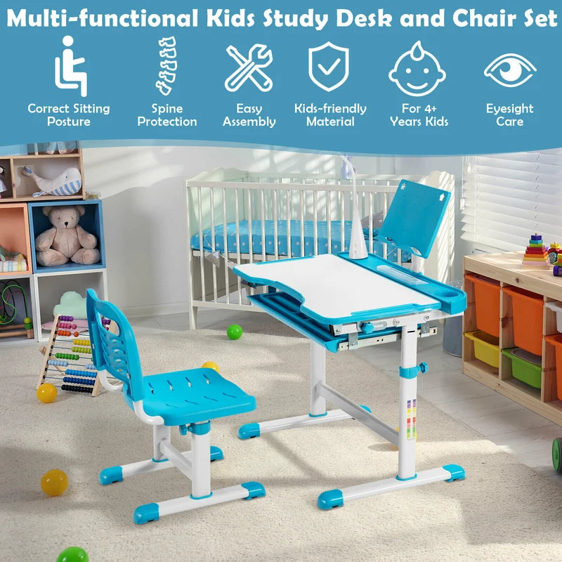 Height Adjustable Kids Study Table and Chair Set with Bookstand-Blue