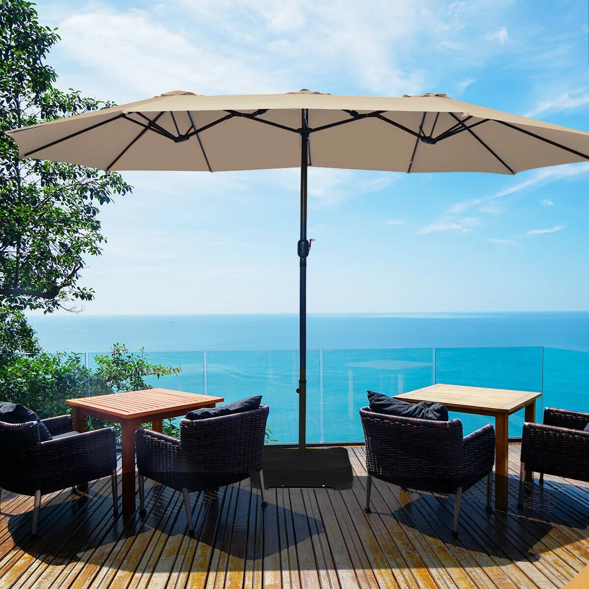 15 Foot Extra Large Patio Double Sided Umbrella with Crank and Base-Beige