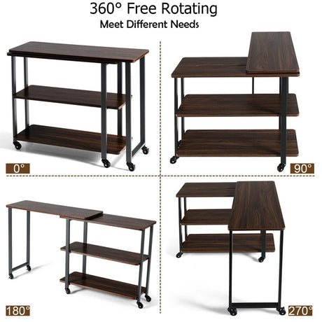 360 Rotating Sofa Side Table with Storage Shelves and Wheels-Walnut