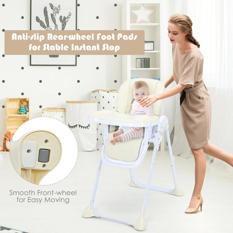 Baby Foldable Convertible High Chair with Adjustable Height Recline-Beige