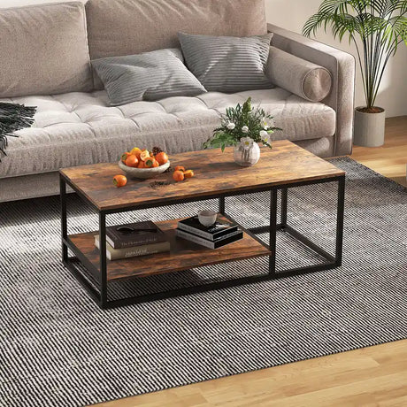 2-Tier 105 cm Industrial Wood Accent Coffee Center Table-Rustic Brown