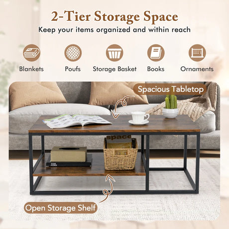 2-Tier 105 cm Industrial Wood Accent Coffee Center Table-Rustic Brown