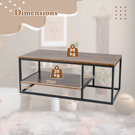2-Tier 105 cm Industrial Wood Accent Coffee Center Table-Rustic Brown