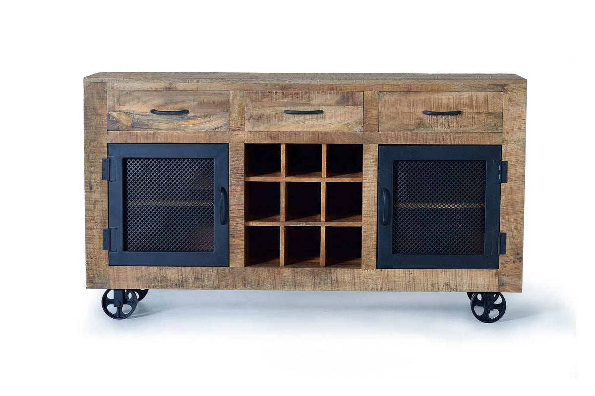 Giner and Colomer  Industrial Style 3-Drawer & 2-Door Sideboard In Mango Wood With Wheels