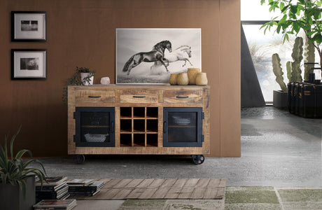 Giner and Colomer – Industrial Style 3-Drawer & 2-Door Sideboard In Mango Wood With Wheels