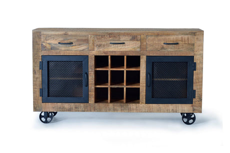 Giner and Colomer – Industrial Style 3-Drawer & 2-Door Sideboard In Mango Wood With Wheels