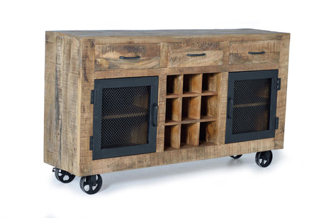 Giner and Colomer – Industrial Style 3-Drawer & 2-Door Sideboard In Mango Wood With Wheels