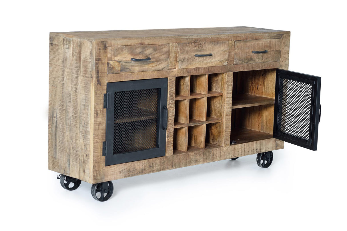 Giner and Colomer – Industrial Style 3-Drawer & 2-Door Sideboard In Mango Wood With Wheels