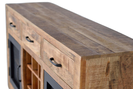 Giner and Colomer – Industrial Style 3-Drawer & 2-Door Sideboard In Mango Wood With Wheels