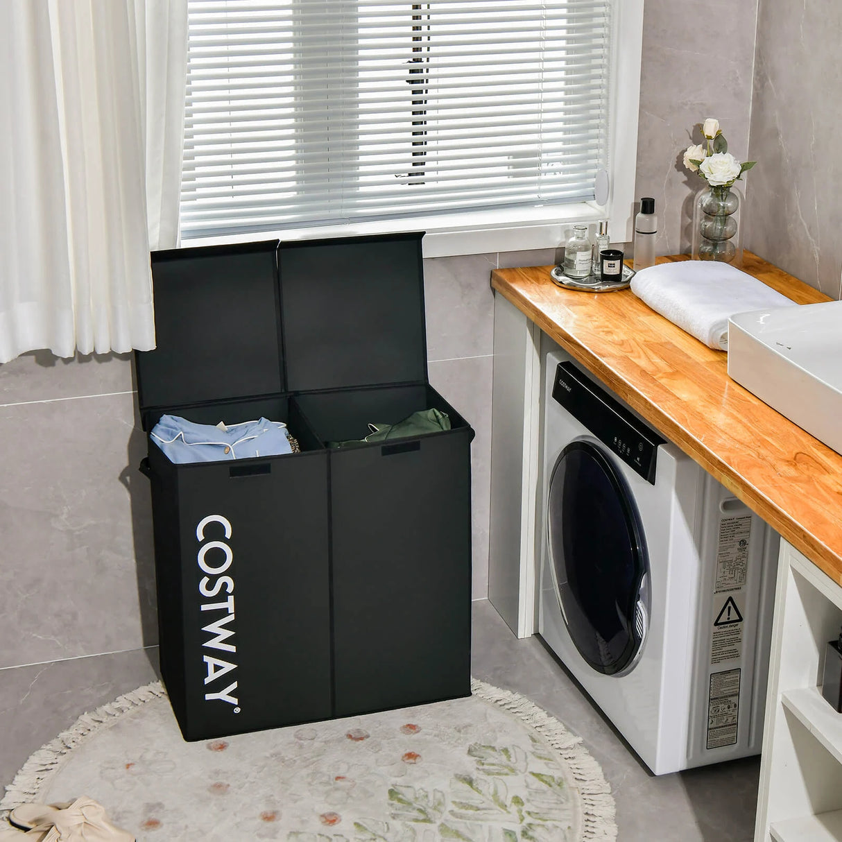 105L Laundry Hamper with Wooden Lid and 2 Sections-Black
