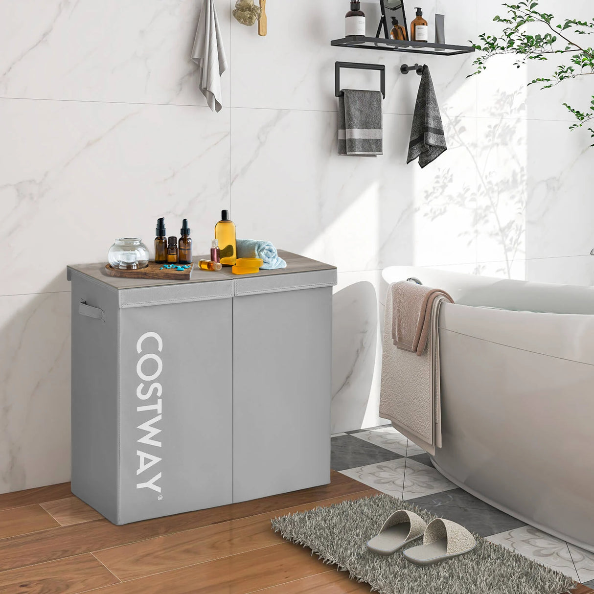 105L Laundry Hamper with Wooden Lid and 2 Sections-Grey
