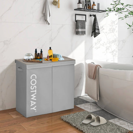 105L Laundry Hamper with Wooden Lid and 2 Sections-Grey