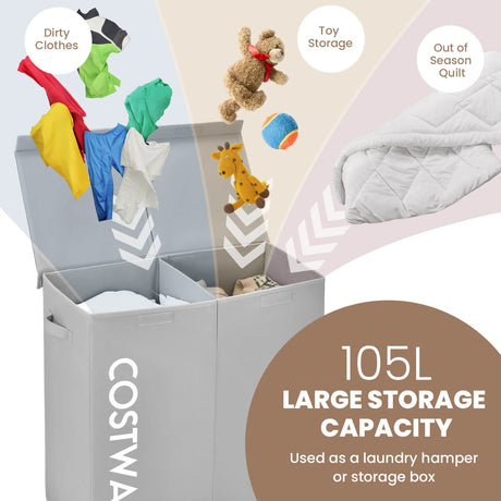 105L Laundry Hamper with Wooden Lid and 2 Sections-Grey