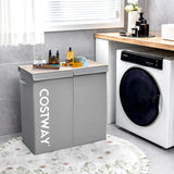 105L Laundry Hamper with Wooden Lid and 2 Sections-Grey