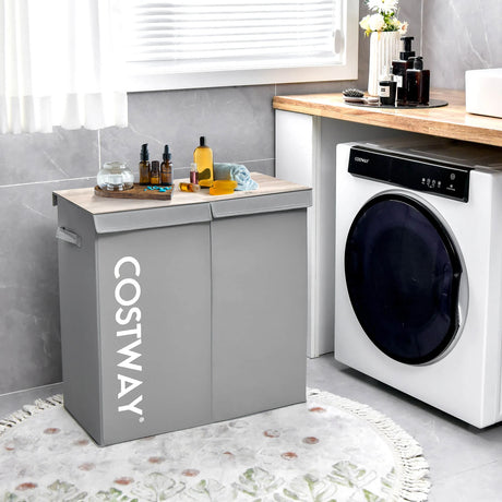 105L Laundry Hamper with Wooden Lid and 2 Sections-Grey