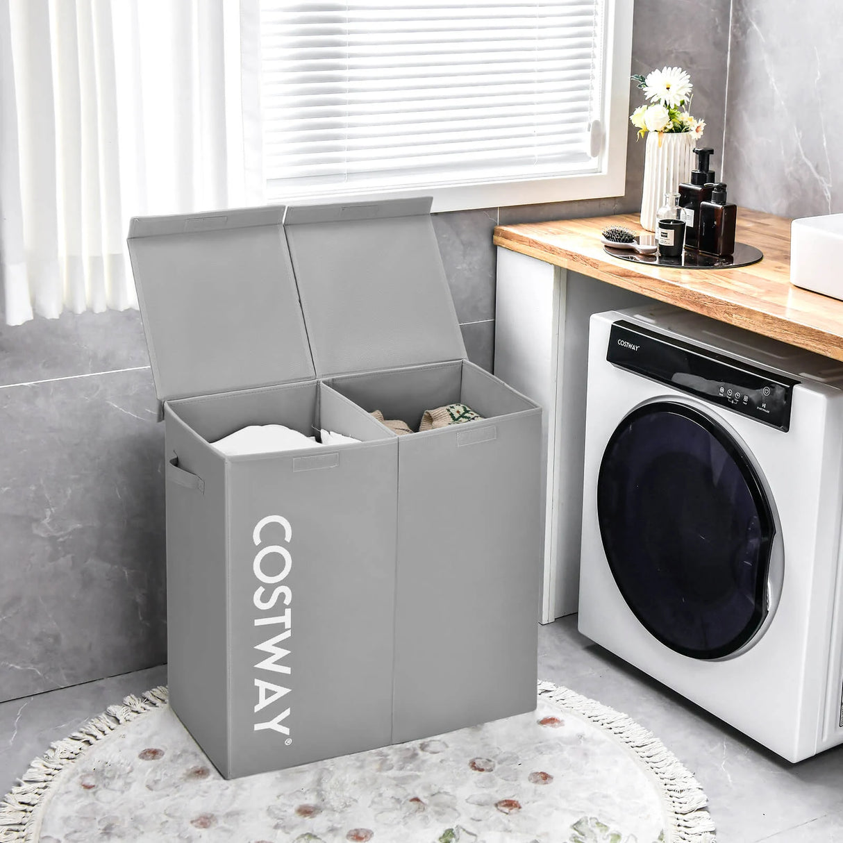 105L Laundry Hamper with Wooden Lid and 2 Sections-Grey