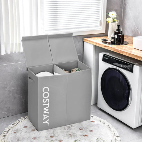 105L Laundry Hamper with Wooden Lid and 2 Sections-Grey