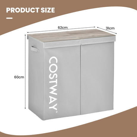 105L Laundry Hamper with Wooden Lid and 2 Sections-Grey