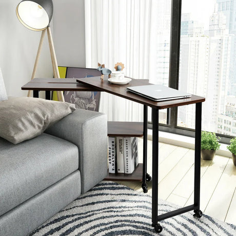 360 Rotating Sofa Side Table with Storage Shelves and Wheels-Walnut