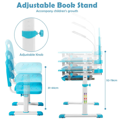 Height Adjustable Kids Study Table and Chair Set with Bookstand-Blue