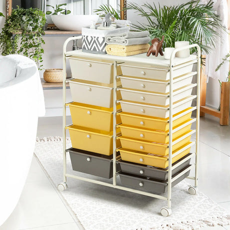 15-Drawer Storage Rolling Organizer Cart-Yellow