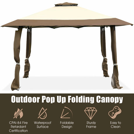 13 Feet x 13 Feet Pop Up Canopy Tent Instant Outdoor Folding Canopy Shelter-Brown