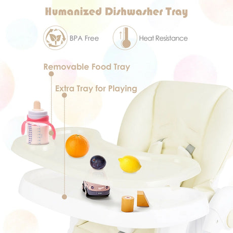 Baby Foldable Convertible High Chair with Adjustable Height Recline-Beige