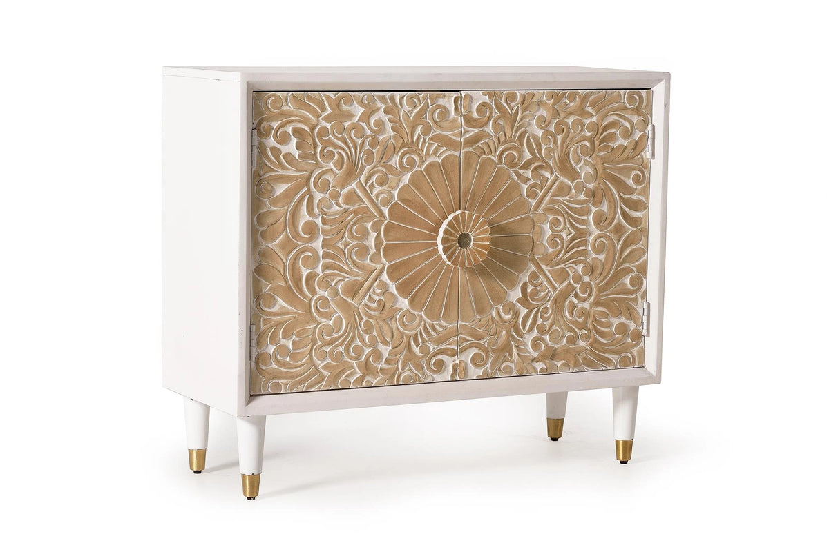 Giner and Colomer  2-Door Sideboard In Mango Wood With Hand-Carved Door Details