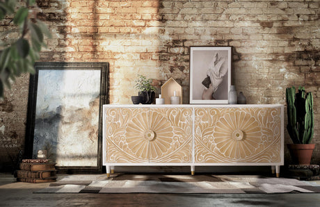 Giner and Colomer - 4-Door Mango Wood Sideboard With Hand-Carved Door Details