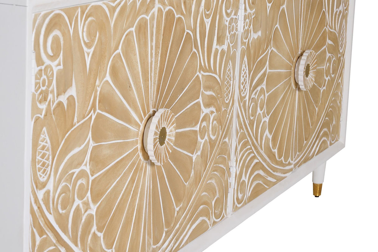 Giner and Colomer - 4-Door Mango Wood Sideboard With Hand-Carved Door Details