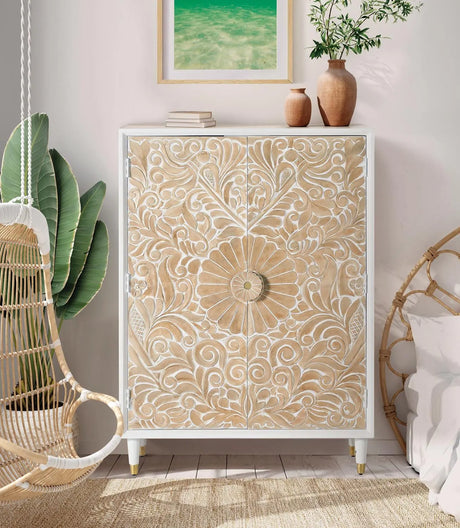 Giner and Colomer - 2-Door Mango Wood Cabinet With Hand-Carved Door Details