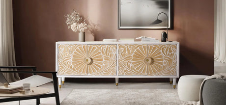 Giner and Colomer - 4-Door Mango Wood TV Cabinet With Hand-Carved Door Details