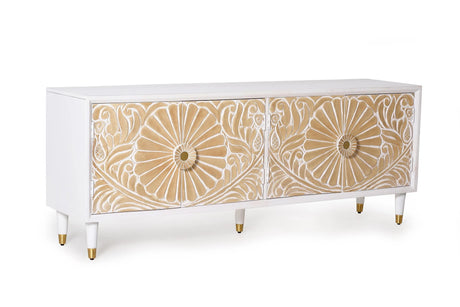 Giner and Colomer - 4-Door Mango Wood TV Cabinet With Hand-Carved Door Details