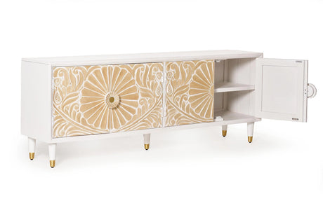 Giner and Colomer - 4-Door Mango Wood TV Cabinet With Hand-Carved Door Details