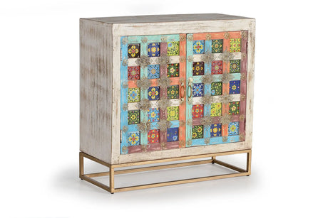 Giner and Colomer - 2-Door Mango Wood Sideboard With Metal Base & Ceramic Door Details