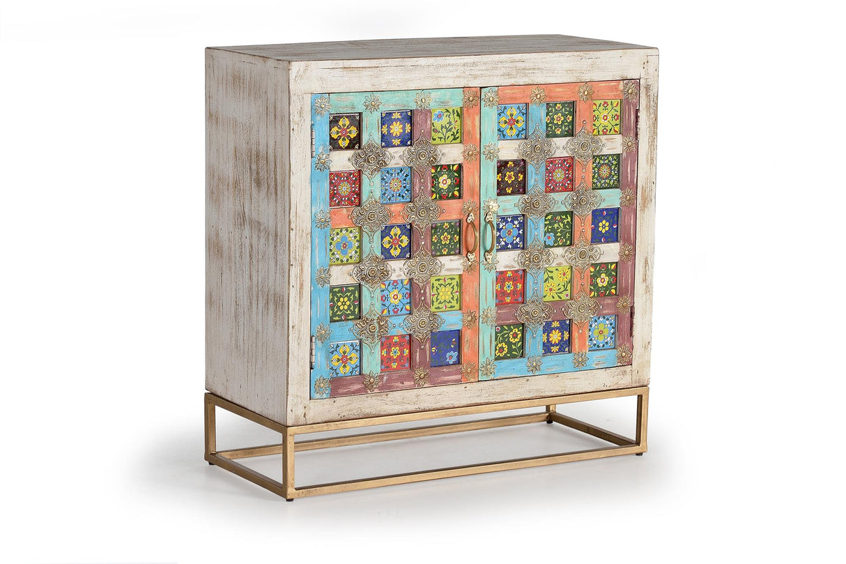 Giner and Colomer - 2-Door Mango Wood Sideboard With Metal Base & Ceramic Door Details