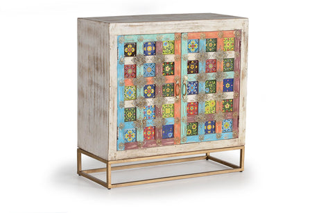 Giner and Colomer - 2-Door Mango Wood Sideboard With Metal Base & Ceramic Door Details