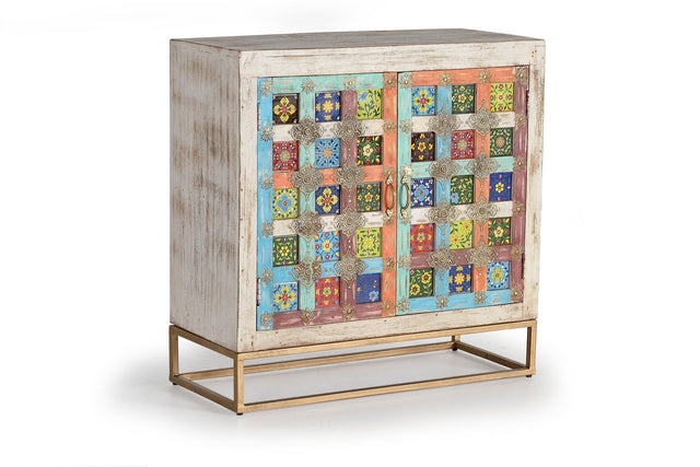 Giner and Colomer - 2-Door Mango Wood Sideboard With Metal Base & Ceramic Door Details