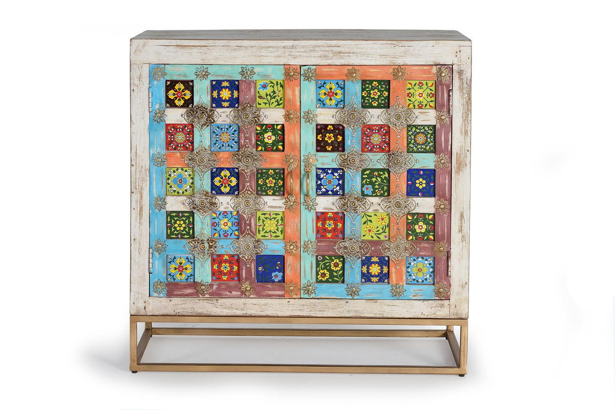 Giner and Colomer - 2-Door Mango Wood Sideboard With Metal Base & Ceramic Door Details