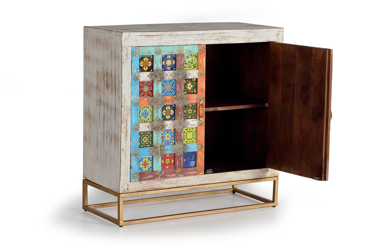 Giner and Colomer - 2-Door Mango Wood Sideboard With Metal Base & Ceramic Door Details