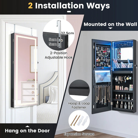 108cm Lockable Jewelry Mirror Cabinet with 3-Color LED Lights-White