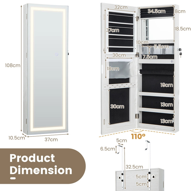 108cm Lockable Jewelry Mirror Cabinet with 3-Color LED Lights-Black